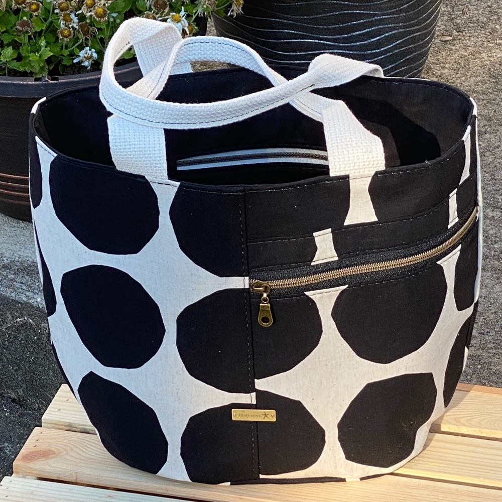 Tote Bag with Organic Black Dots. Oval shaped with structure. Japanese canvas.